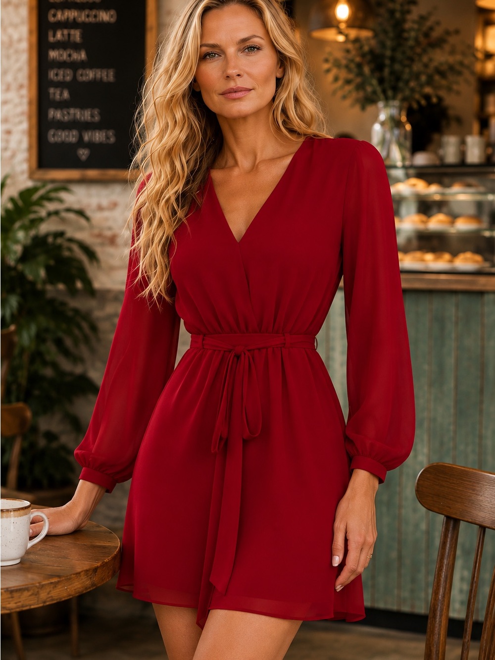 Express Red Chiffon Long-Sleeve Mini Dress — S-Petite